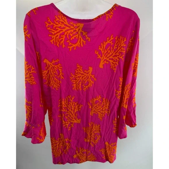 Escapada Pink Coral Print Ruffle Sleeve Womens Blouse Top XL* - Picture 7 of 7